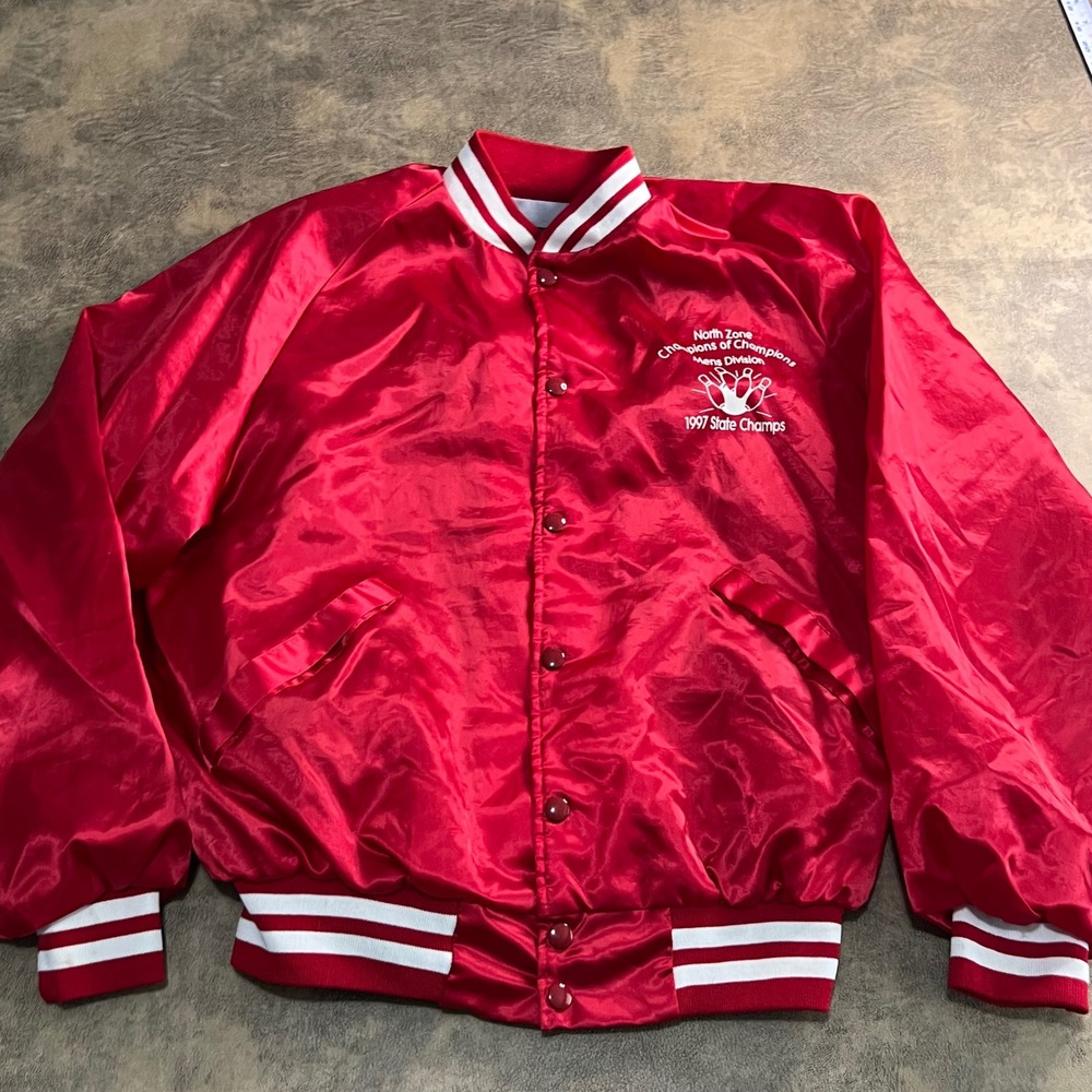 Dunbrooke Satin Varsity Jacket Mens L Red 1997 Bowling State Champs Bomber